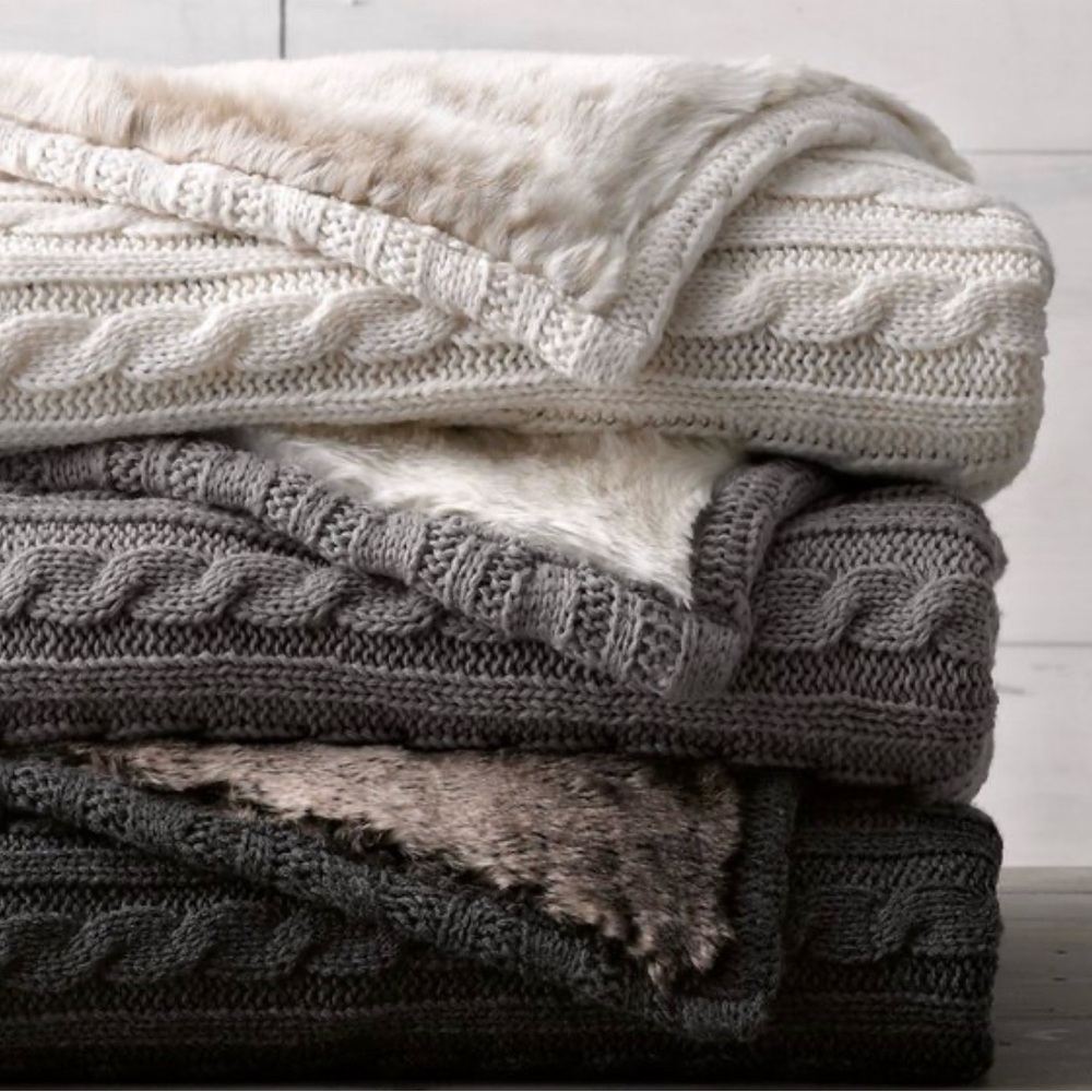 TWO (2) RESTORATION HARDWARE CABLE KNIT & LUXE FAUX FUR STROLLER BLANKETS